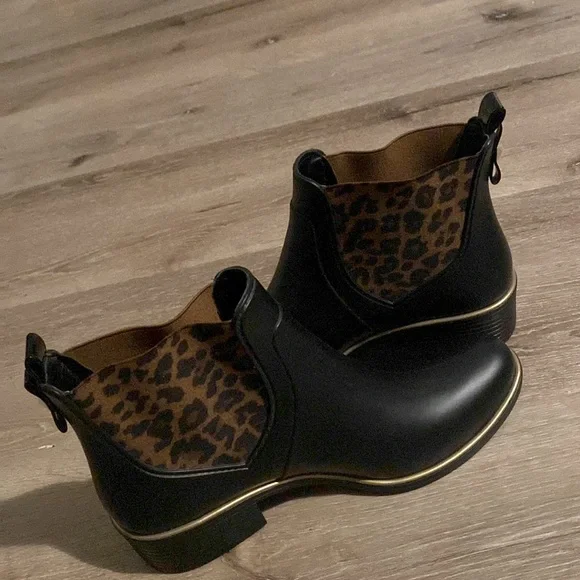 EUC [kate spade] Cheetah Print Black Ankle Bootie Rainboots Women’s Sz 9.0 - Picture 11 of 13